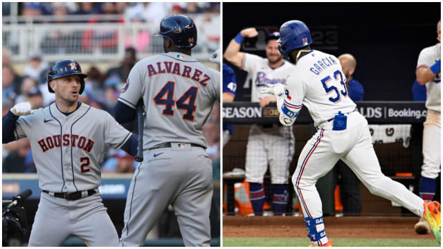 Alex Bregman, Yordan Alvarez, left, and the Houston Astros meet Adolis Garcia and the Texas Rangers in the best-of-7 ALCS beginning with Game 1 Sunday night at Minute Maid Park in Houston. It's the first time the teams have met in the postsesaon.